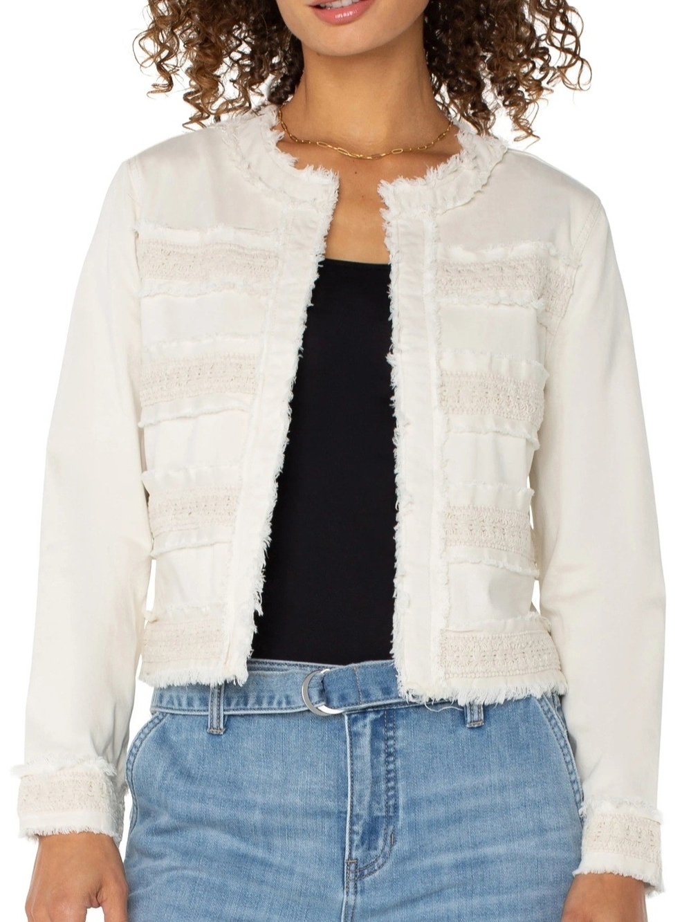 Liverpool Cassidy Collarless Cream Jacket With Fray & Lace Blazer/Jacket Small